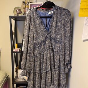 Collection B Blue Patterned Long Sleeve Ruffle Dress